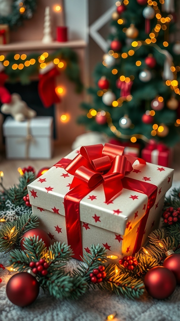 A festive Christmas gift with a red bow, surrounded by holiday decorations.